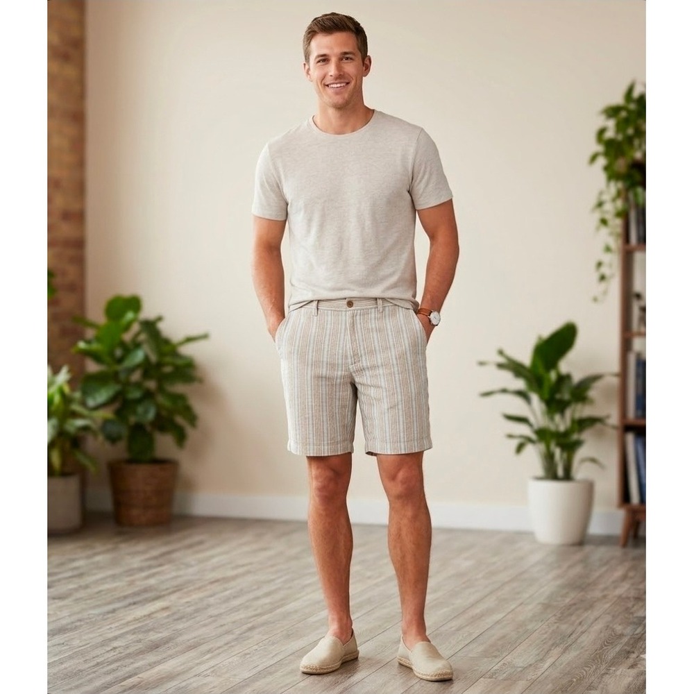 Nautica Clipper Mens 38 Relaxed Fit 100% Linen Striped‎ Deck Shorts Beige Blue